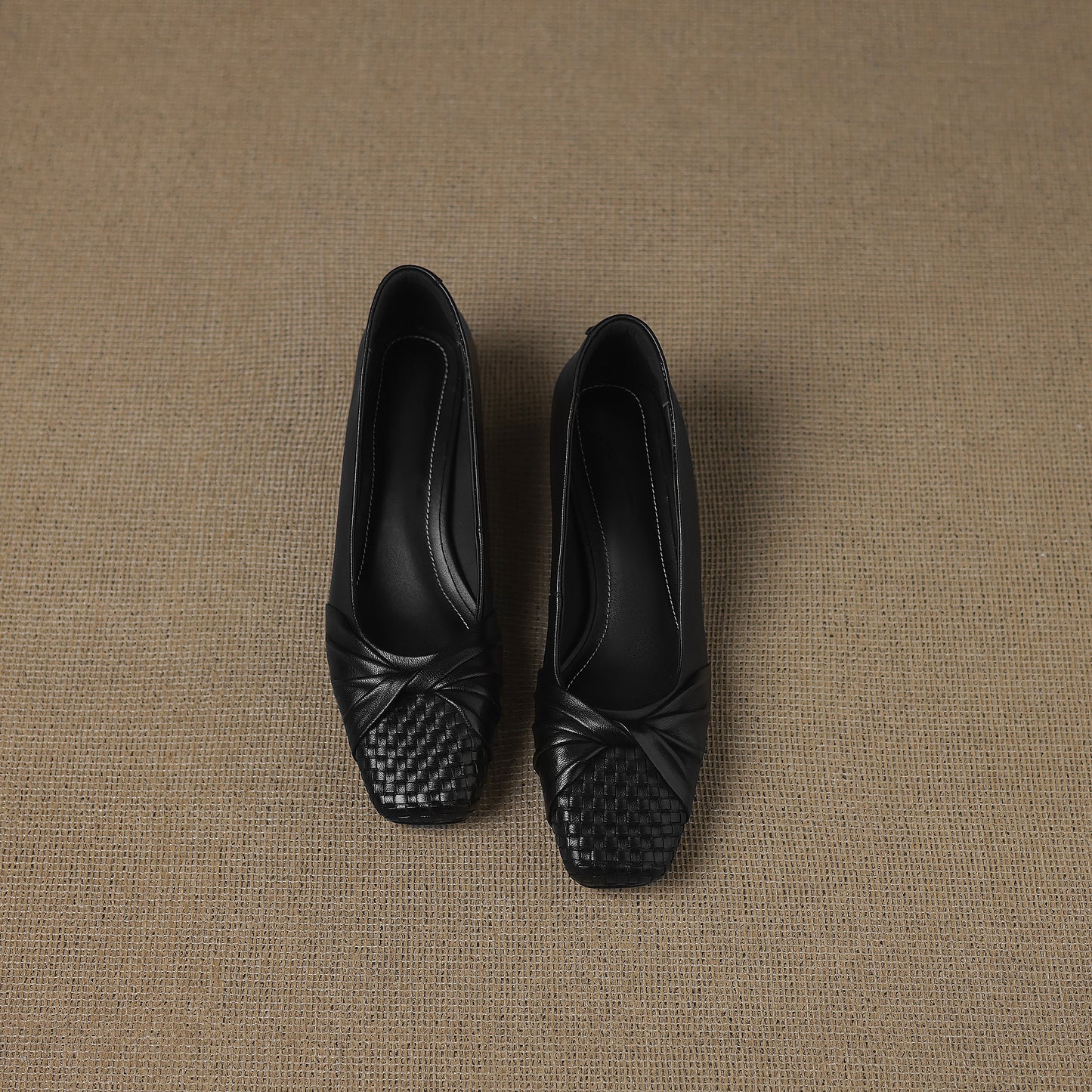 TinaCus Handmade Women's Genuine Leather Square Toe Woven Twist Knot Chunky Heel Casual Slip On Pump Shoes