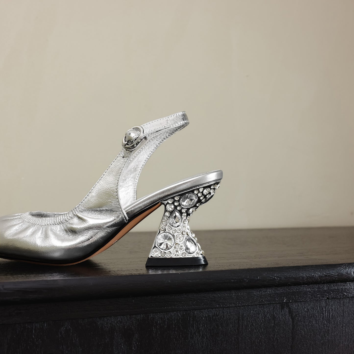 TinaCus Pointed Toe Women's Slingbacks Genuine Leather Rhinestones Chunky Heel Handmade Pumps Shoes with Buckle