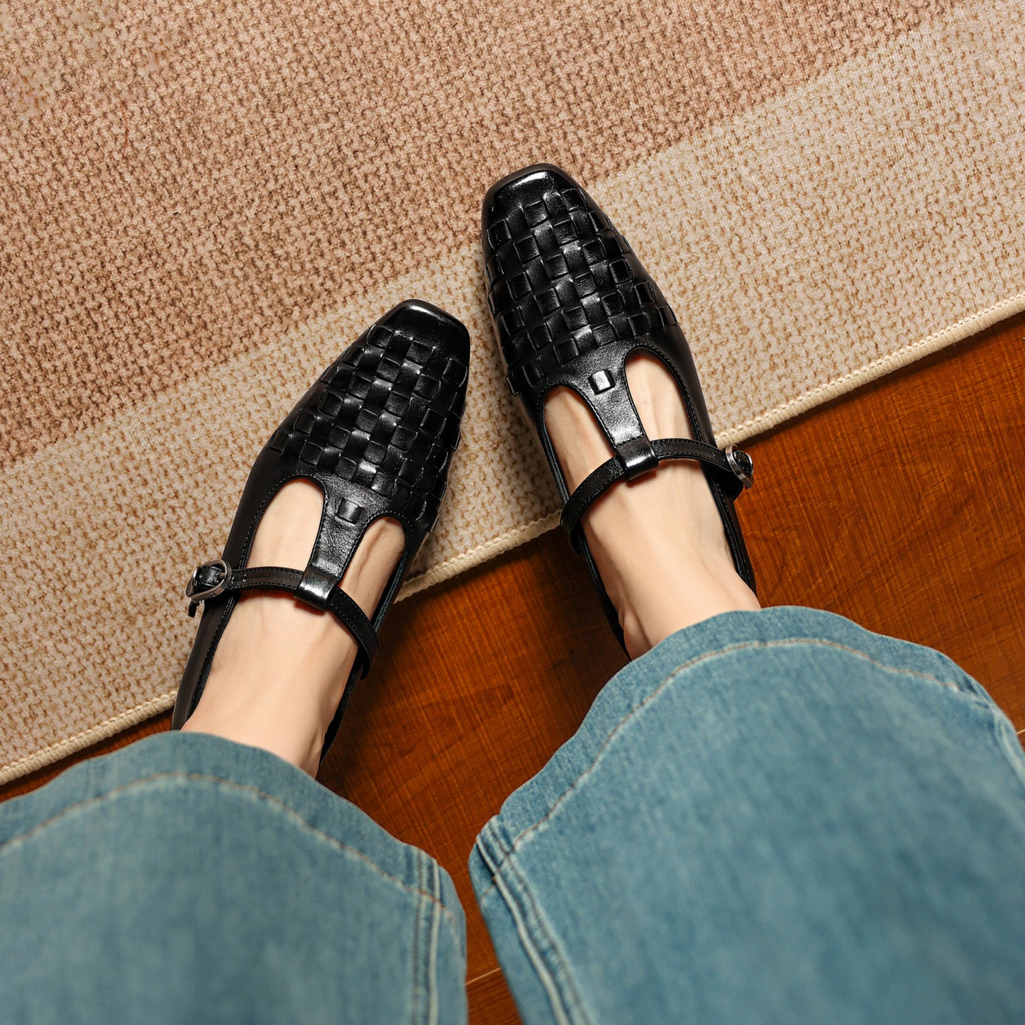 TinaCus Women's Genuine Leather T-bar Strap Loafers Handmade Square Toe Dress Mary Jane Shoes