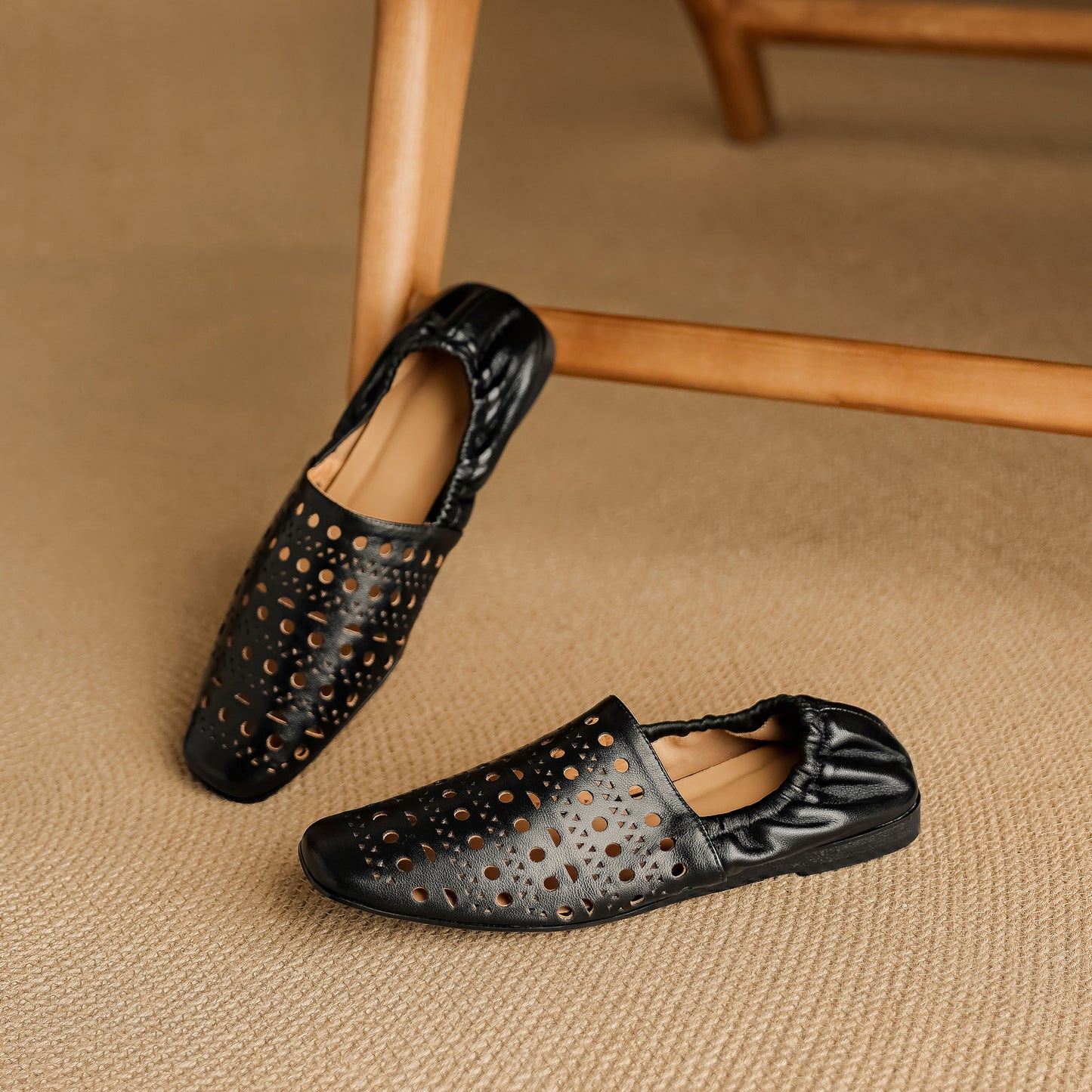 TinaCus Handmade Women's Genuine Leather Soft Square Toe Hollow-Out Slip on Casual Shoes Loafer Flats