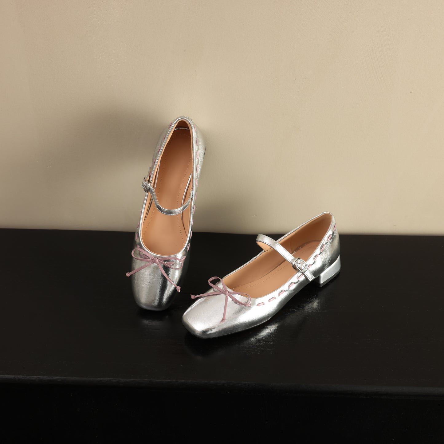 TinaCus Women's Genuine Leather Ballet Flats Handmade Square Toe Bowknot Buckle Strap Dress Mary Jane Shoes