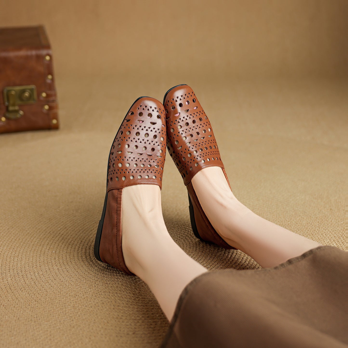 TinaCus Handmade Women's Genuine Leather Soft Square Toe Hollow-Out Slip on Casual Shoes Loafer Flats