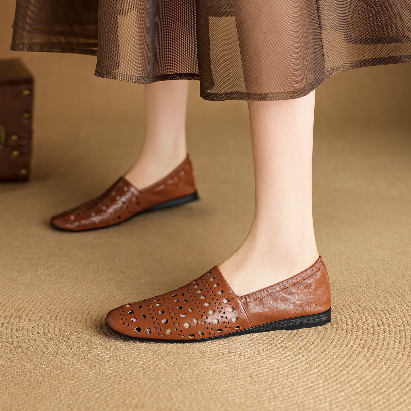 TinaCus Handmade Women's Genuine Leather Soft Square Toe Hollow-Out Slip on Casual Shoes Loafer Flats