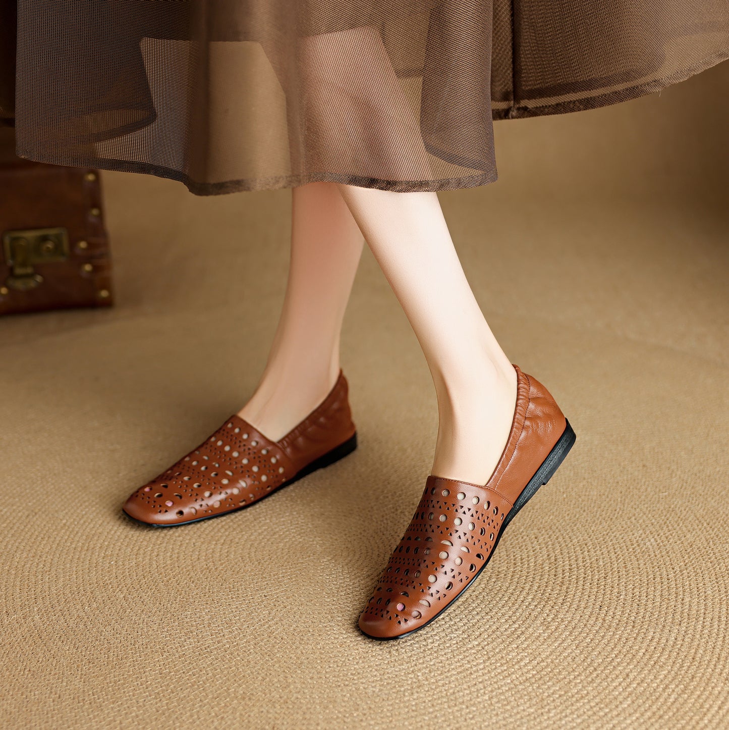 TinaCus Handmade Women's Genuine Leather Soft Square Toe Hollow-Out Slip on Casual Shoes Loafer Flats