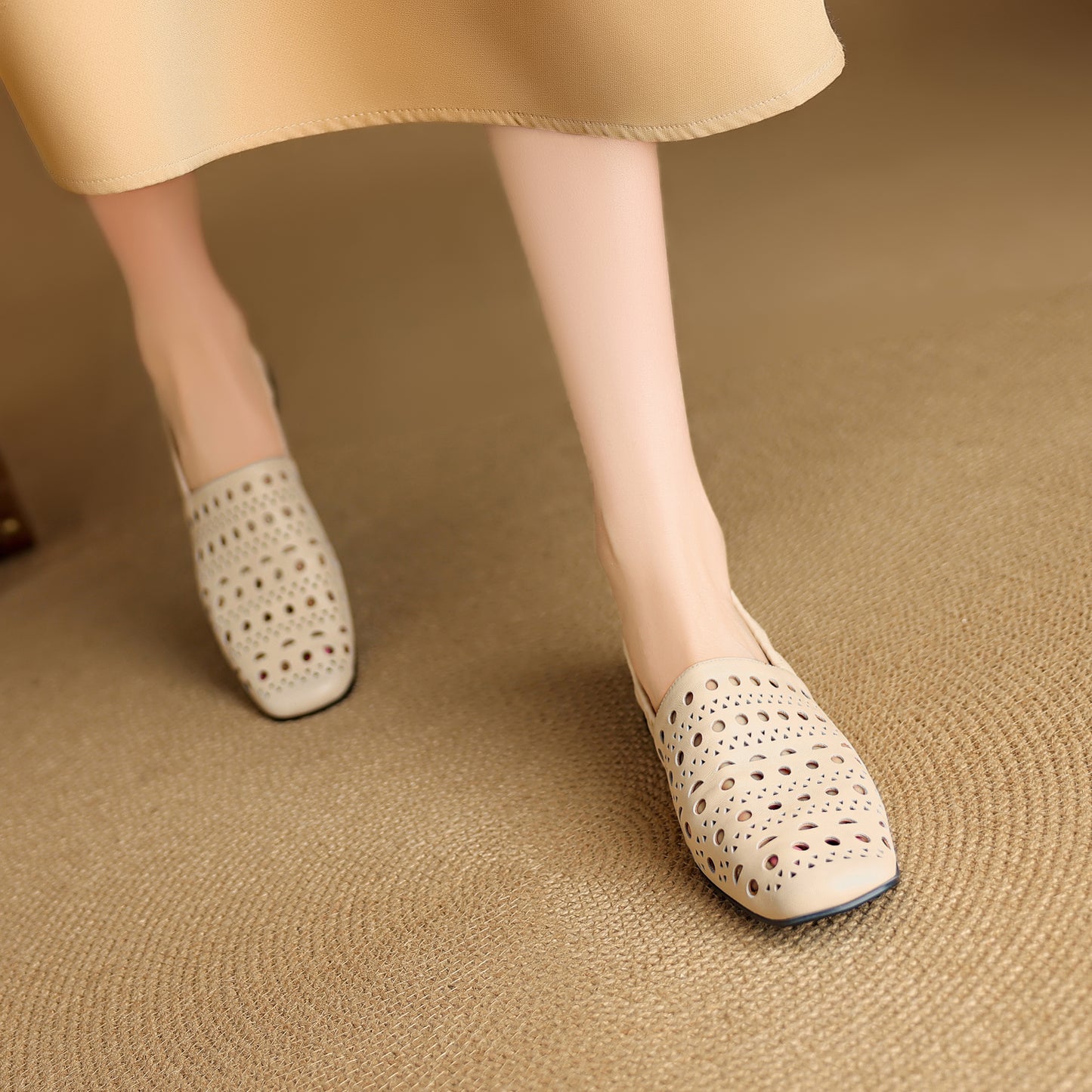 TinaCus Handmade Women's Genuine Leather Soft Square Toe Hollow-Out Slip on Casual Shoes Loafer Flats