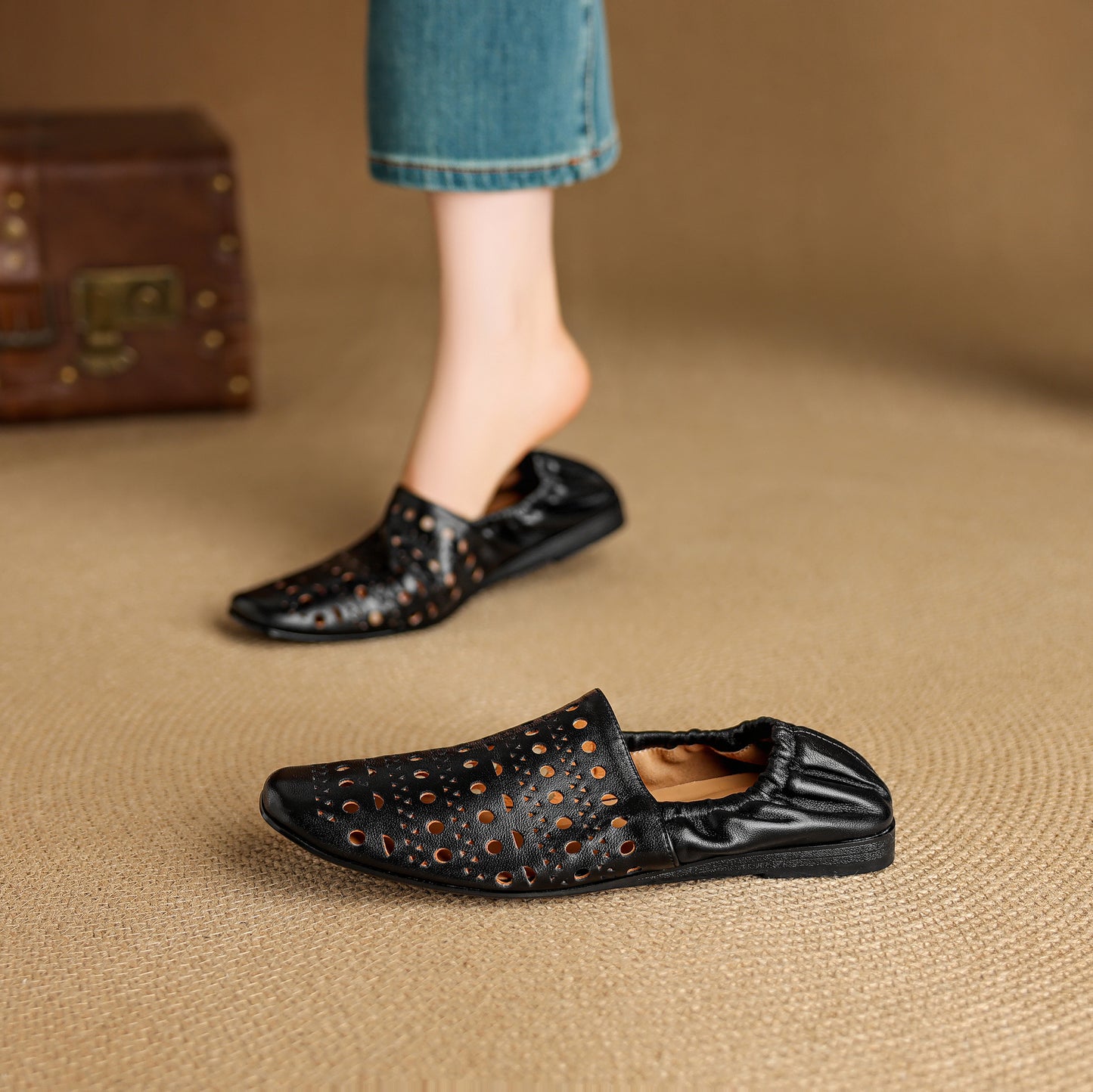 TinaCus Handmade Women's Genuine Leather Soft Square Toe Hollow-Out Slip on Casual Shoes Loafer Flats