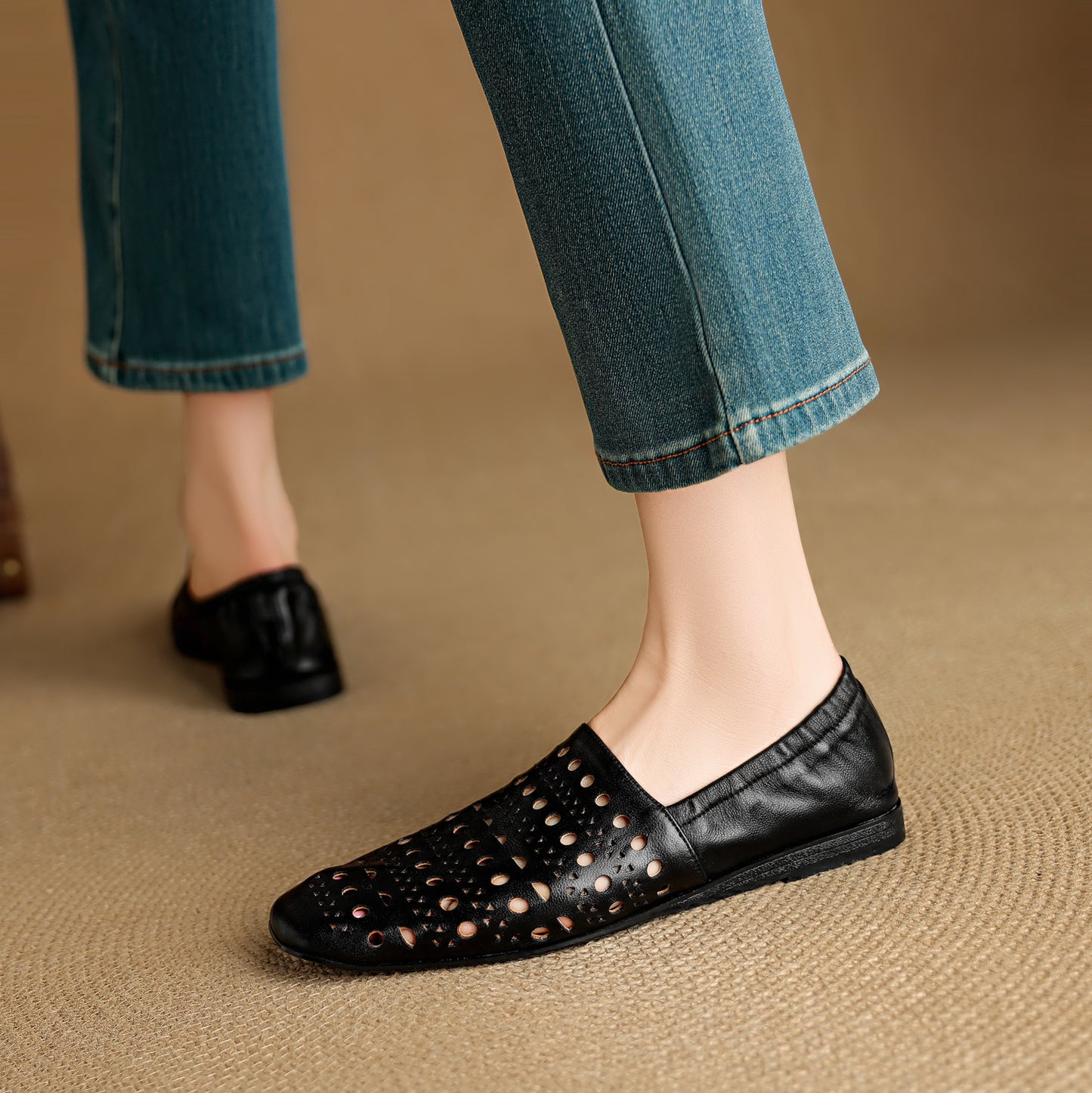 TinaCus Handmade Women's Genuine Leather Soft Square Toe Hollow-Out Slip on Casual Shoes Loafer Flats