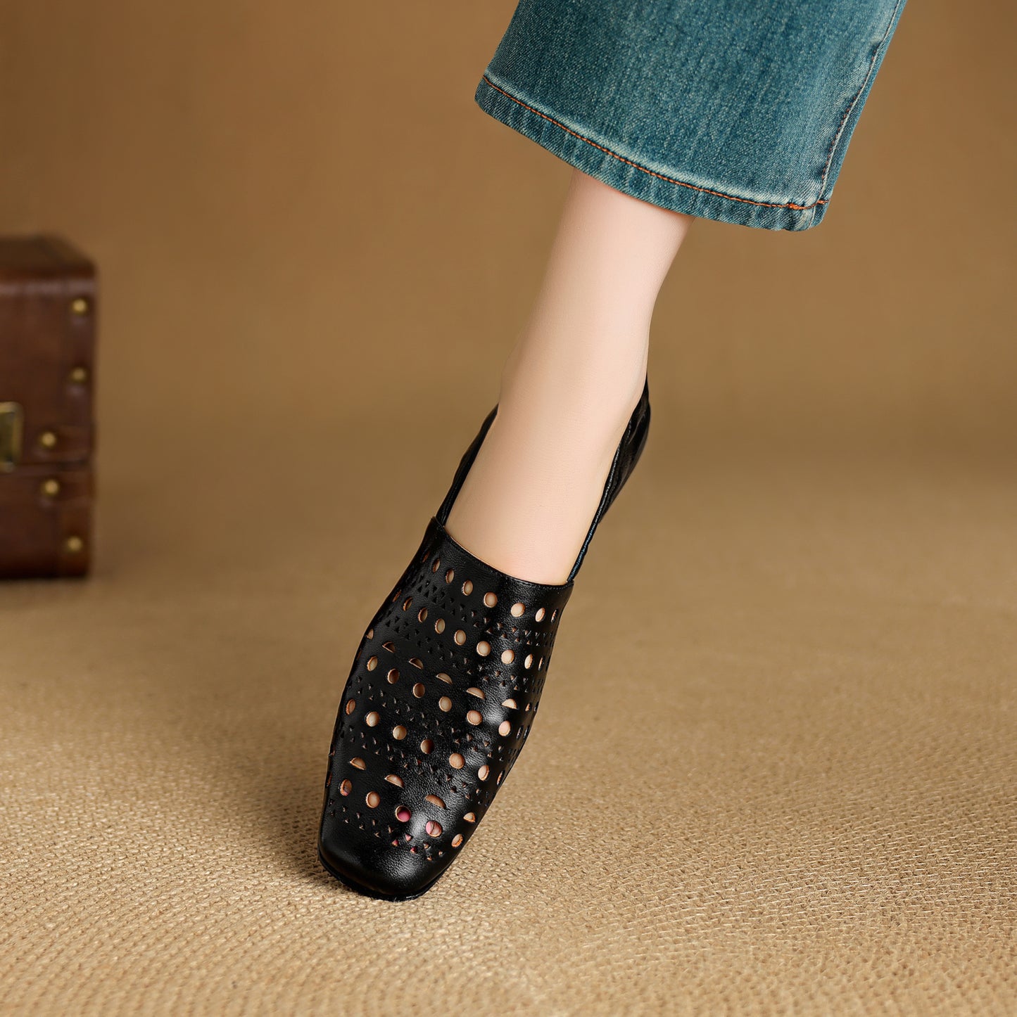 TinaCus Handmade Women's Genuine Leather Soft Square Toe Hollow-Out Slip on Casual Shoes Loafer Flats