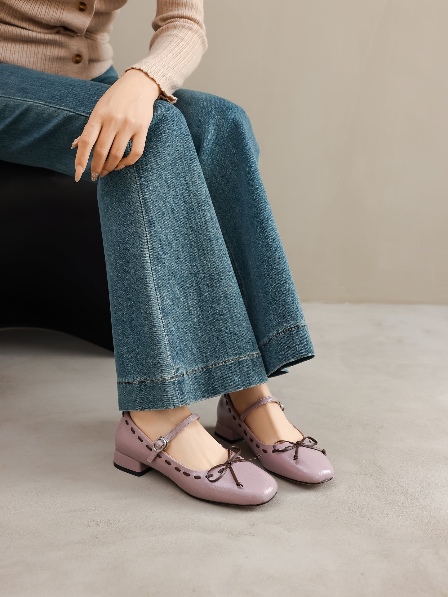 TinaCus Women's Genuine Leather Ballet Flats Handmade Square Toe Bowknot Buckle Strap Dress Mary Jane Shoes