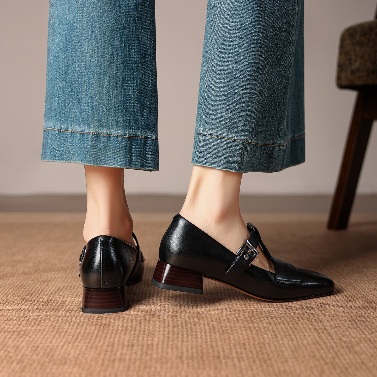 TinaCus Women's Genuine Leather Mary Jane Shoes Handmade Square Toe T-Strap Buckle Loafers