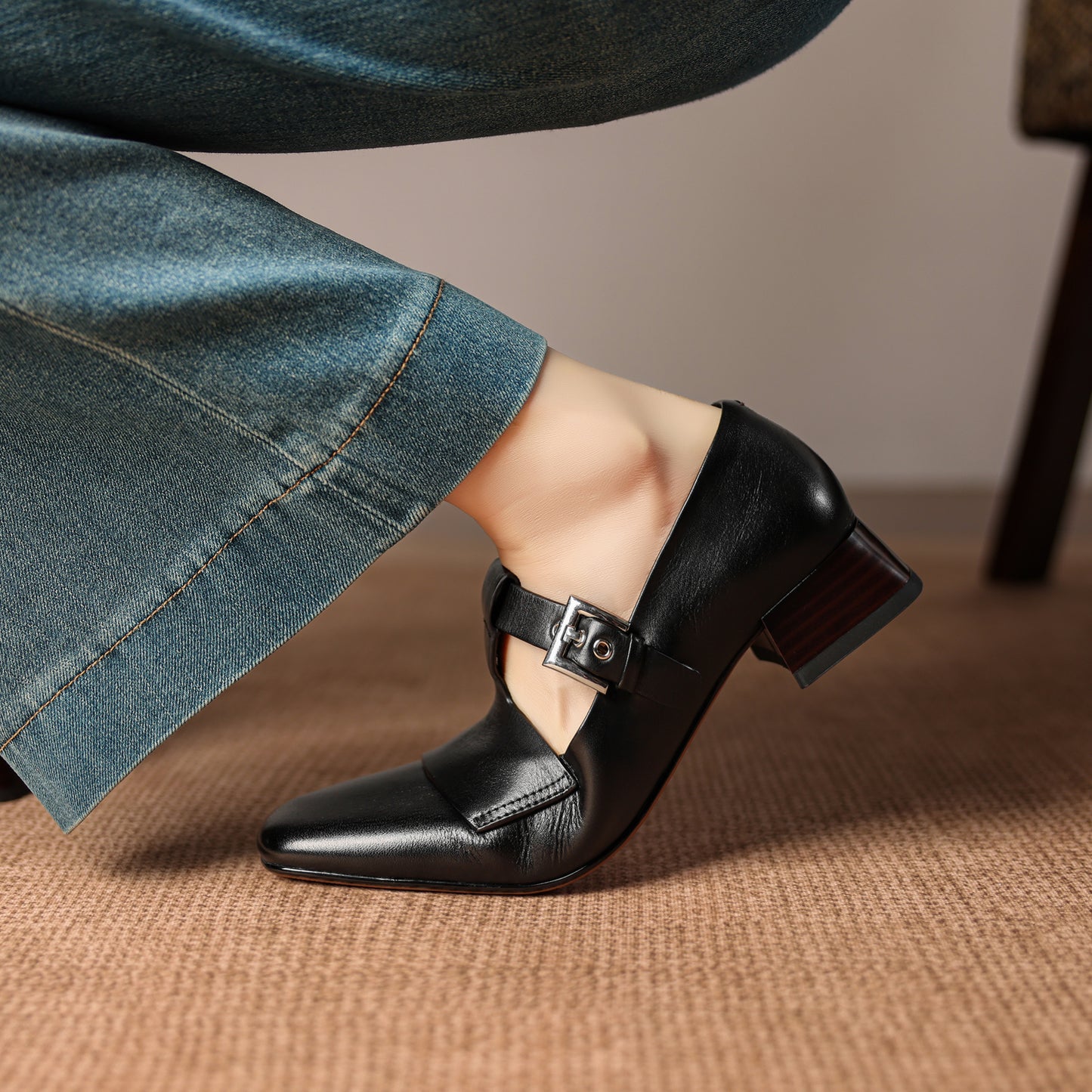 TinaCus Women's Genuine Leather Mary Jane Shoes Handmade Square Toe T-Strap Buckle Loafers
