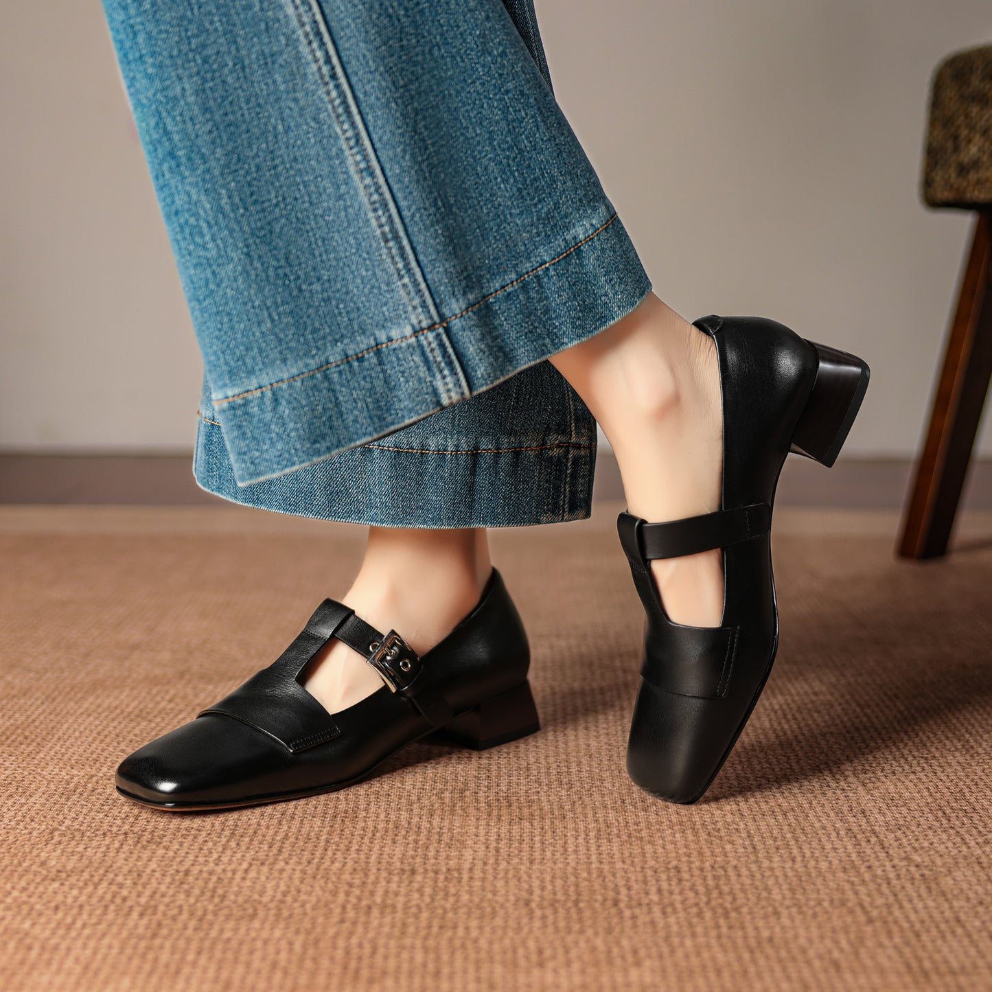 TinaCus Women's Genuine Leather Mary Jane Shoes Handmade Square Toe T-Strap Buckle Loafers