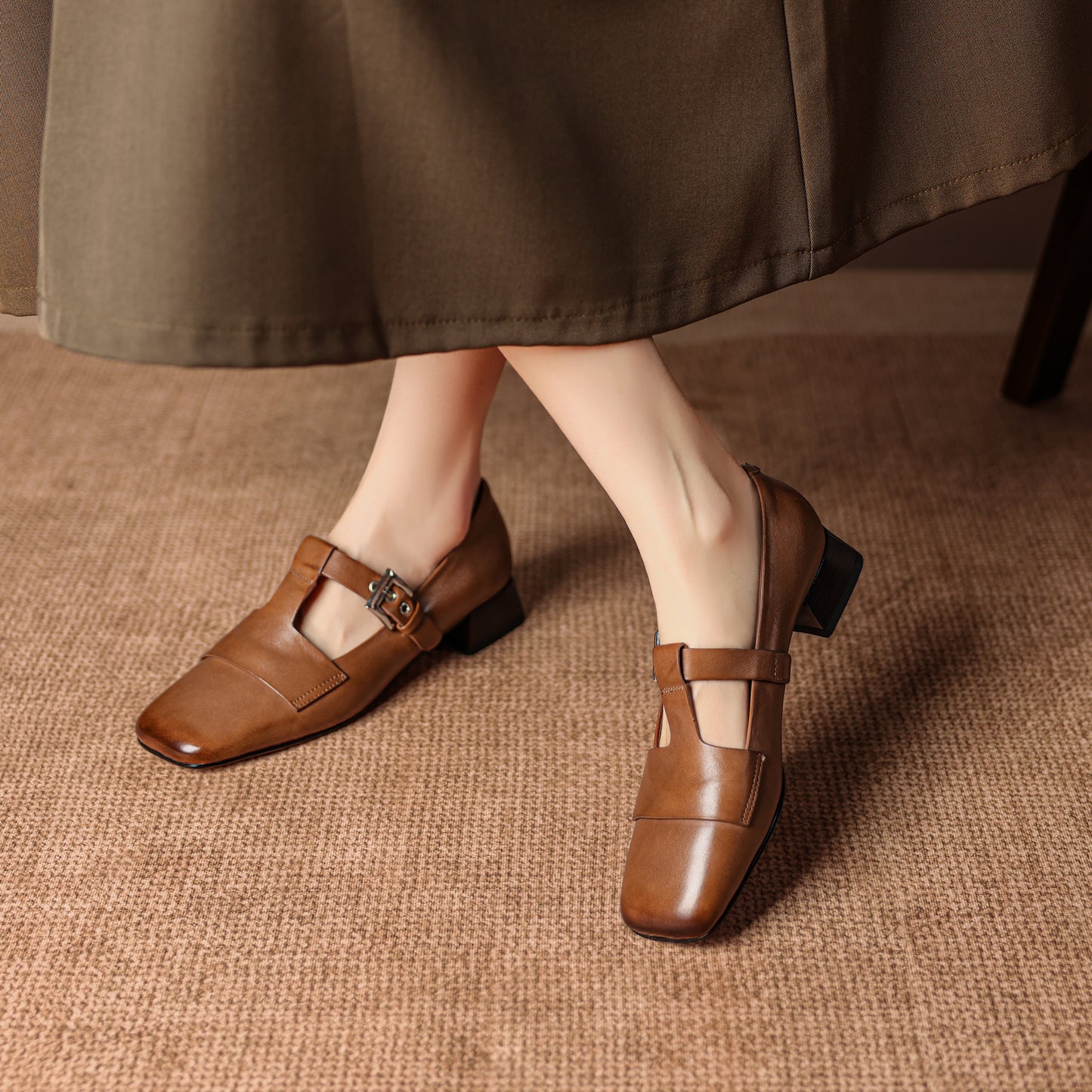 TinaCus Women's Genuine Leather Mary Jane Shoes Handmade Square Toe T-Strap Buckle Loafers