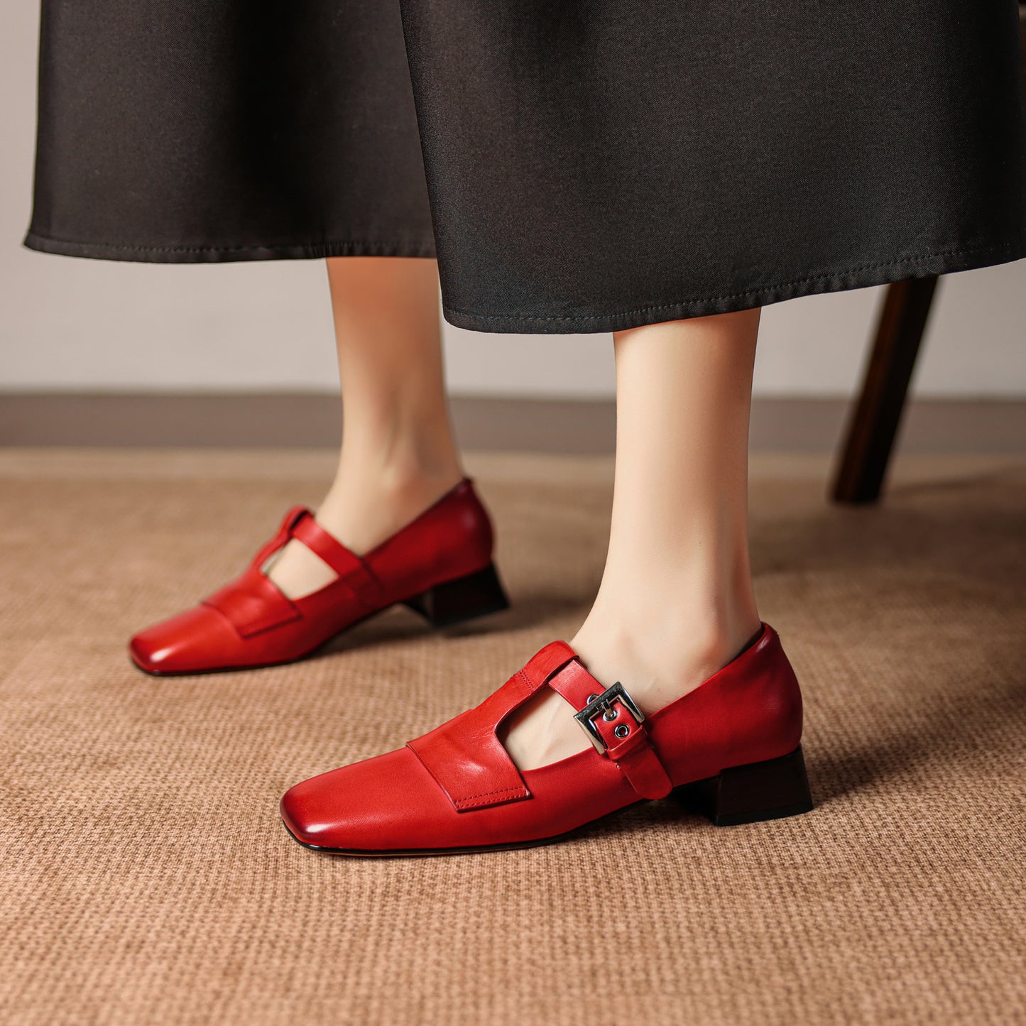 TinaCus Women's Genuine Leather Mary Jane Shoes Handmade Square Toe T-Strap Buckle Loafers