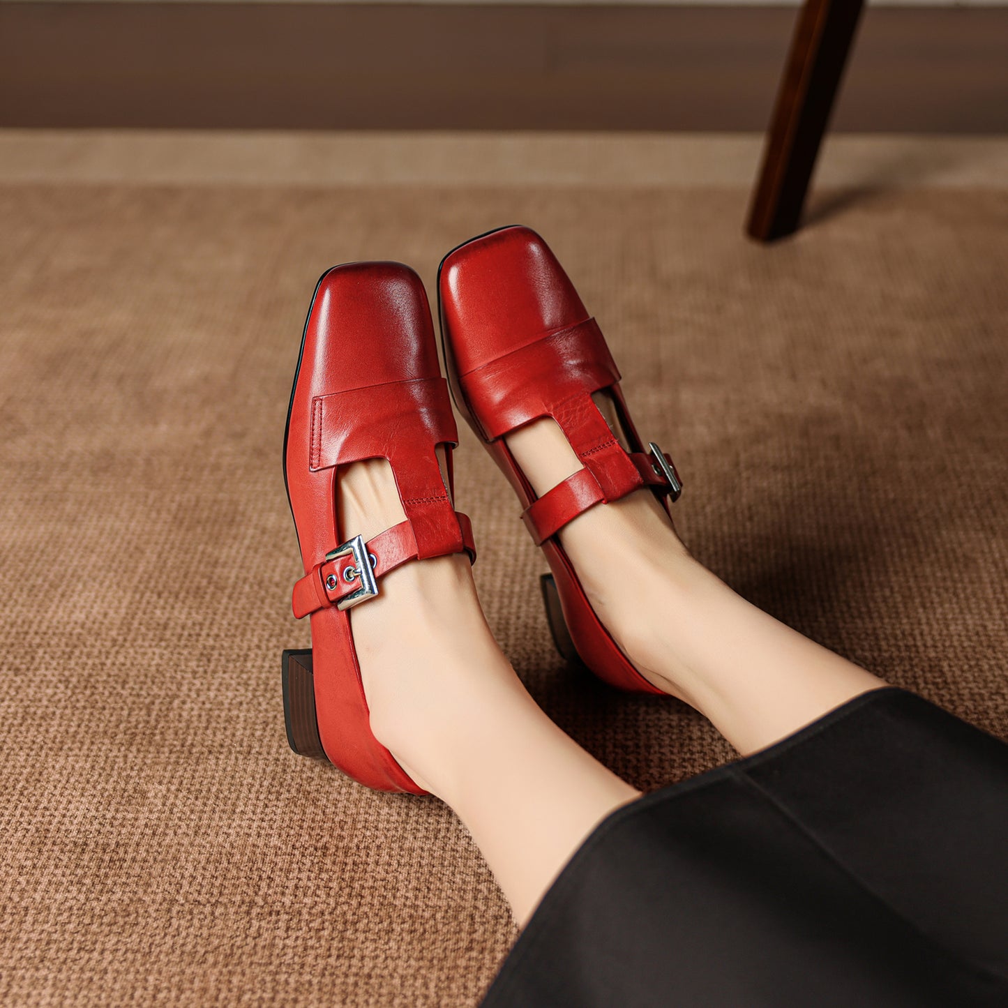 TinaCus Women's Genuine Leather Mary Jane Shoes Handmade Square Toe T-Strap Buckle Loafers