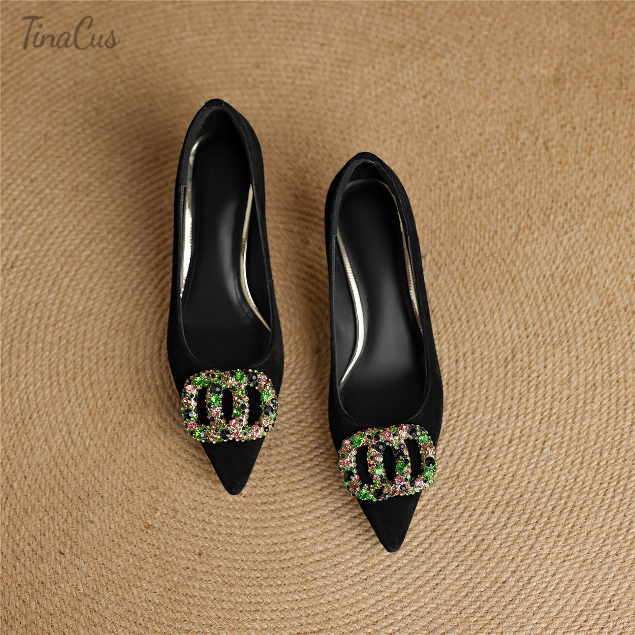 TinaCus Women's Handmade Suede Leather Pointed Toe Colorful Crystal Kitten Heel Pumps