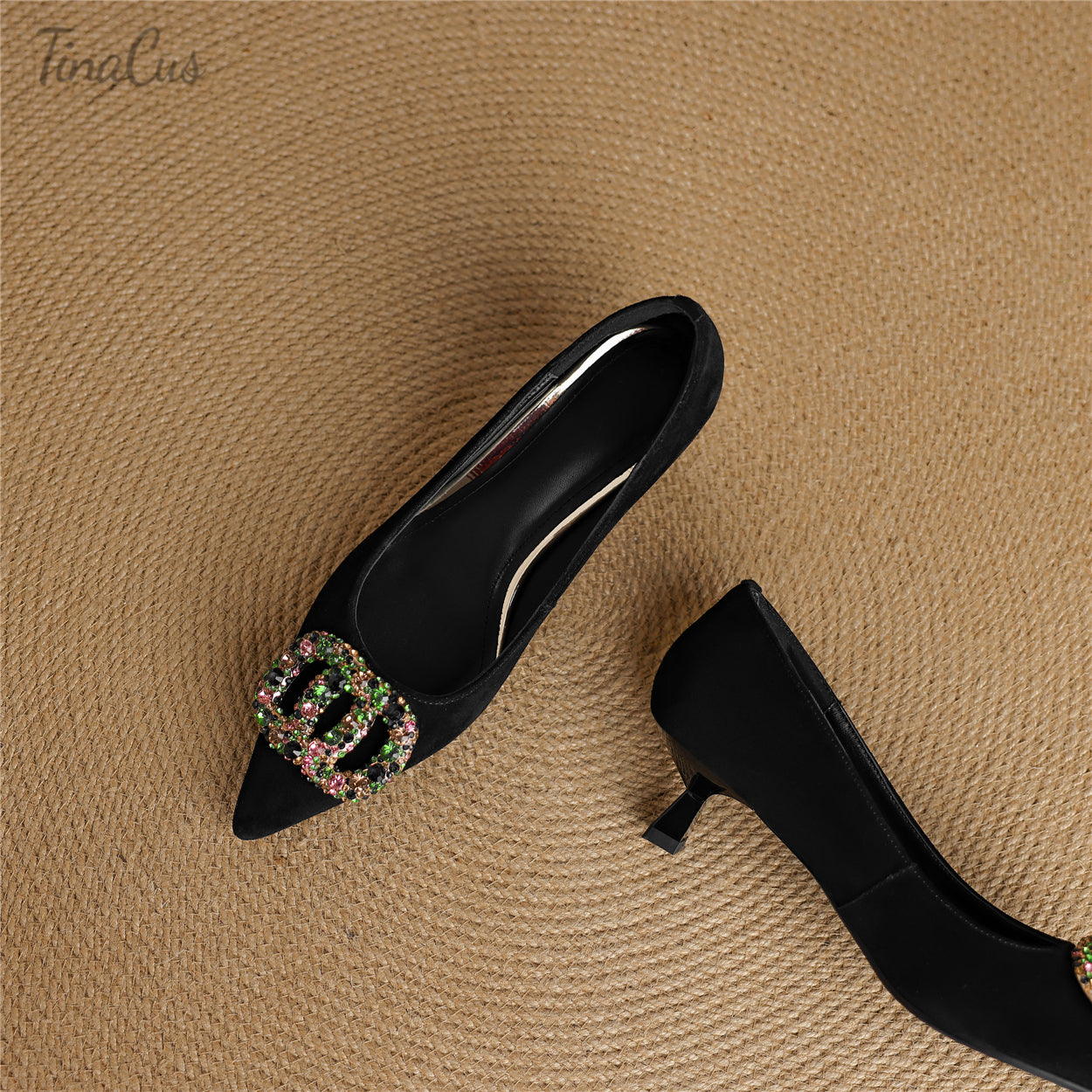 TinaCus Women's Handmade Suede Leather Pointed Toe Colorful Crystal Kitten Heel Pumps
