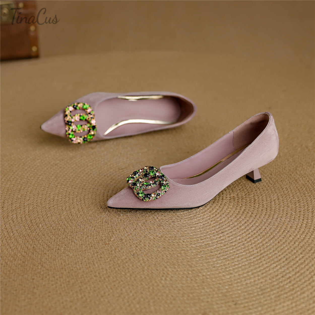 TinaCus Women's Handmade Suede Leather Pointed Toe Colorful Crystal Kitten Heel Pumps