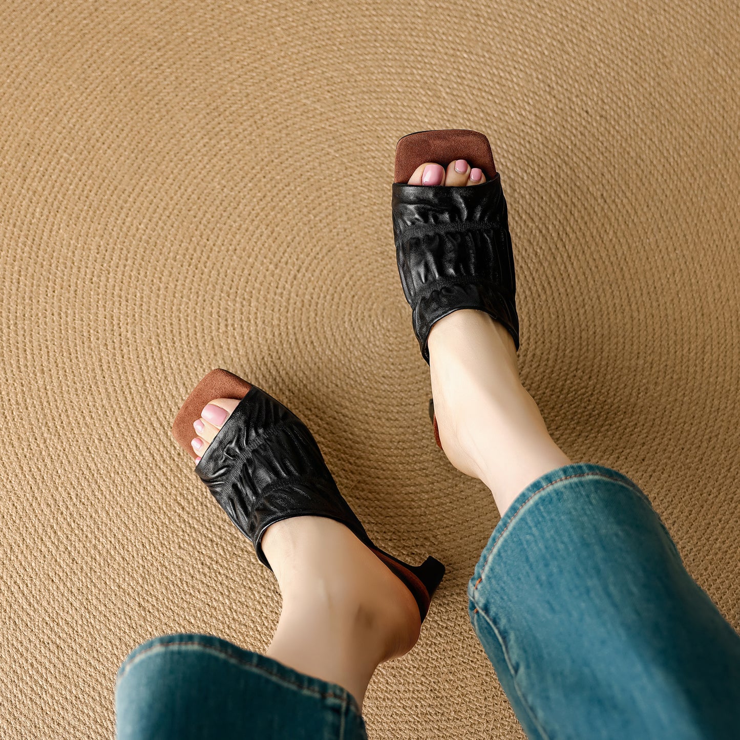 TinaCus Handmade Women's Genuine Leather Soft Open Toe Heeled Sandals Backless Mules