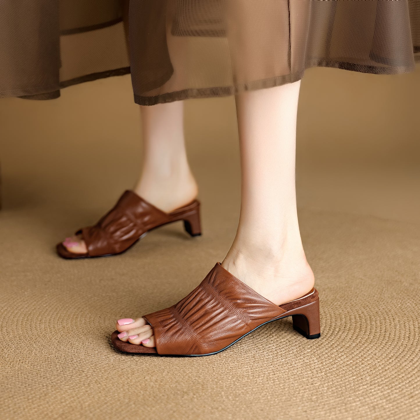 TinaCus Handmade Women's Genuine Leather Soft Open Toe Heeled Sandals Backless Mules