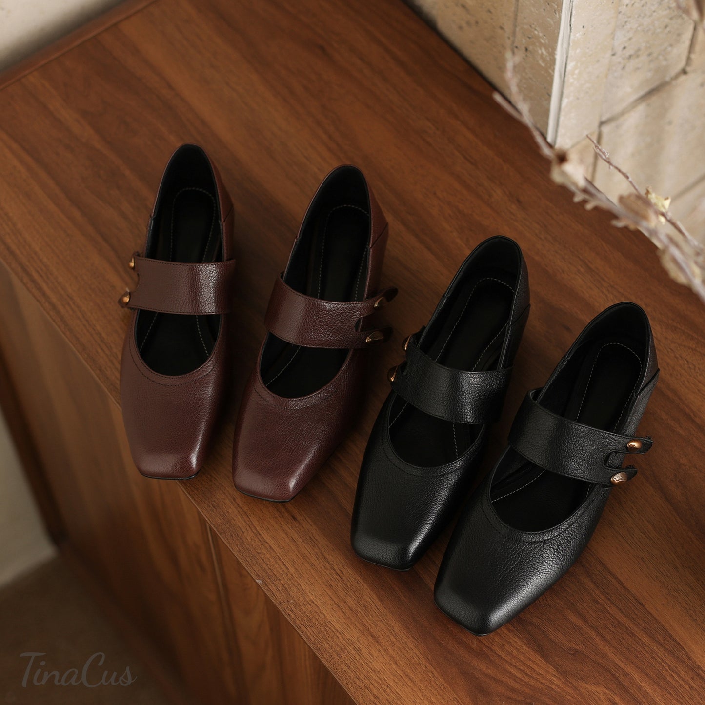 TinaCus Women's Square Toe Genuine Leather Handmade Low Heels Casual Loafers Shoes