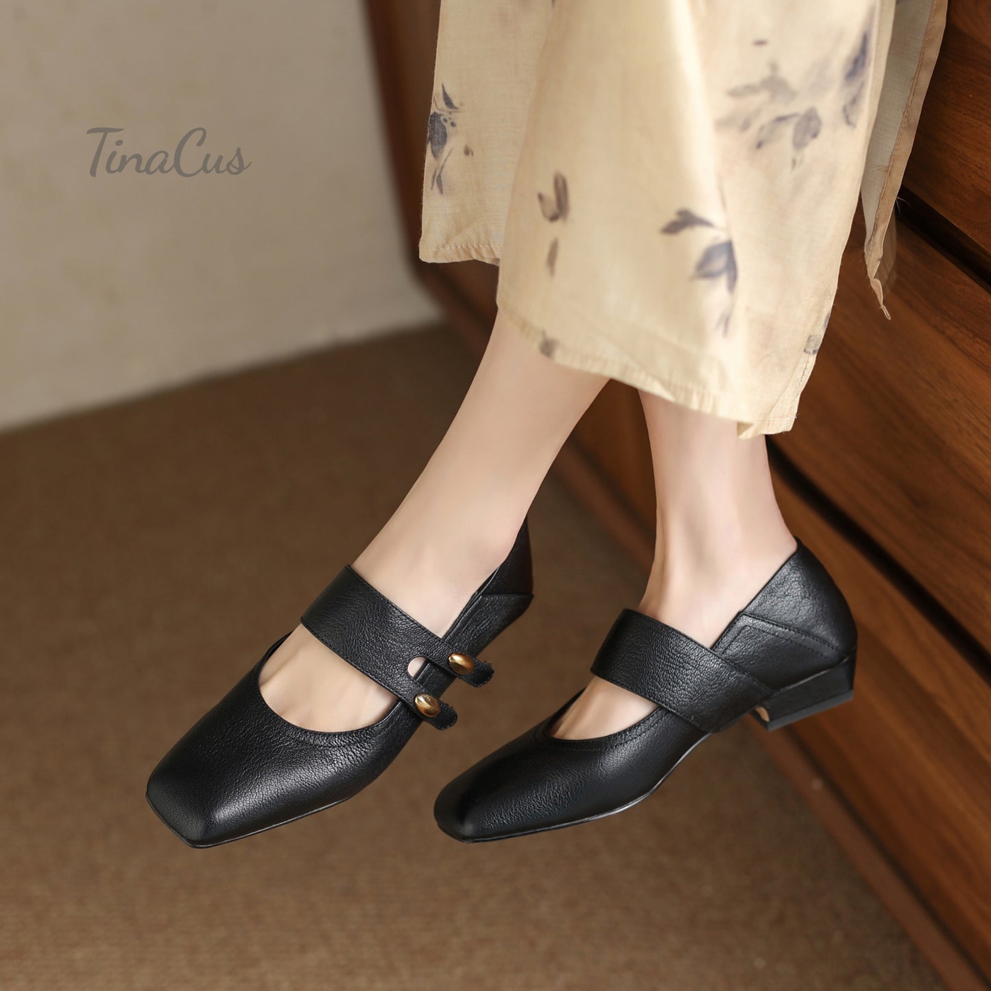 TinaCus Women's Square Toe Genuine Leather Handmade Low Heels Casual Loafers Shoes