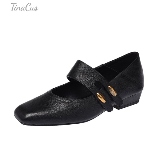 TinaCus Women's Square Toe Genuine Leather Handmade Low Heels Casual Loafers Shoes