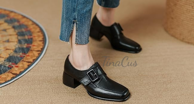 TinaCus Women's Square Toe Genuine Leather Handmade Buckle Low Chunky Heels Retro Loafer Shoes