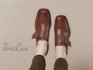 TinaCus Women's Square Toe Genuine Leather Handmade Buckle Low Chunky Heels Retro Loafer Shoes