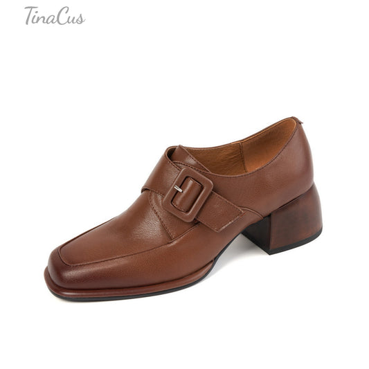 TinaCus Women's Square Toe Genuine Leather Handmade Buckle Low Chunky Heels Retro Loafer Shoes