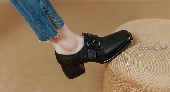 TinaCus Women's Square Toe Genuine Leather Handmade Buckle Low Chunky Heels Retro Loafer Shoes