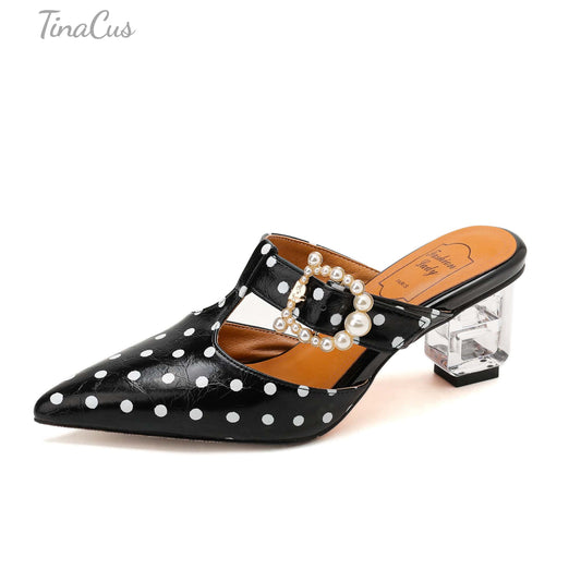 TinaCus Women's Mules Genuine Leather Handmade Wave Point Pointed Toe T-Strap Slip On Sandals Shoes Daily Party