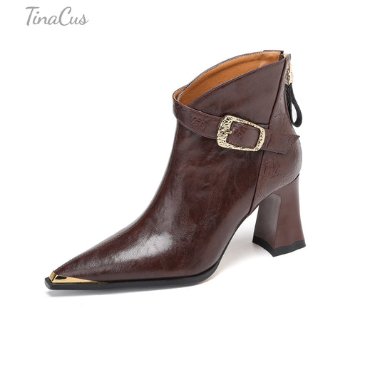TinaCus Pointed Toe Embossed Genuine Leather High Chunky Heels Women's Zip up Ankle Boots with Buckle
