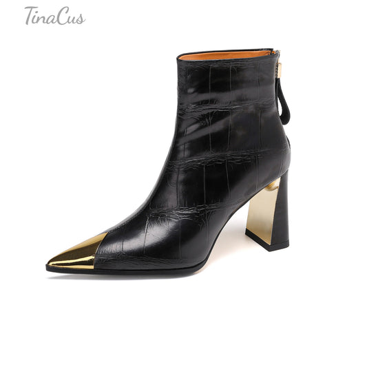 TinaCus Women's Cap Toe Embossed Genuine Leather Handmade High Heels Back Zip up Ankle Boots