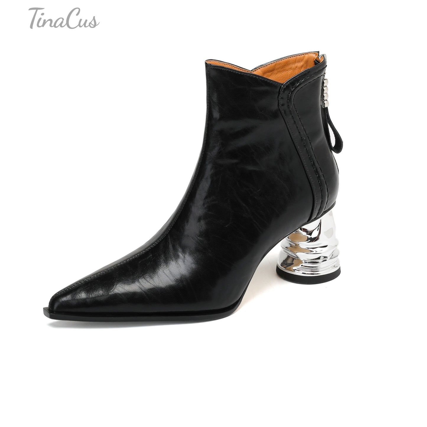 TinaCus Women's Pointed Toe Genuine Leather Handmade Chunky Heels Back Zip up Ankle Boots