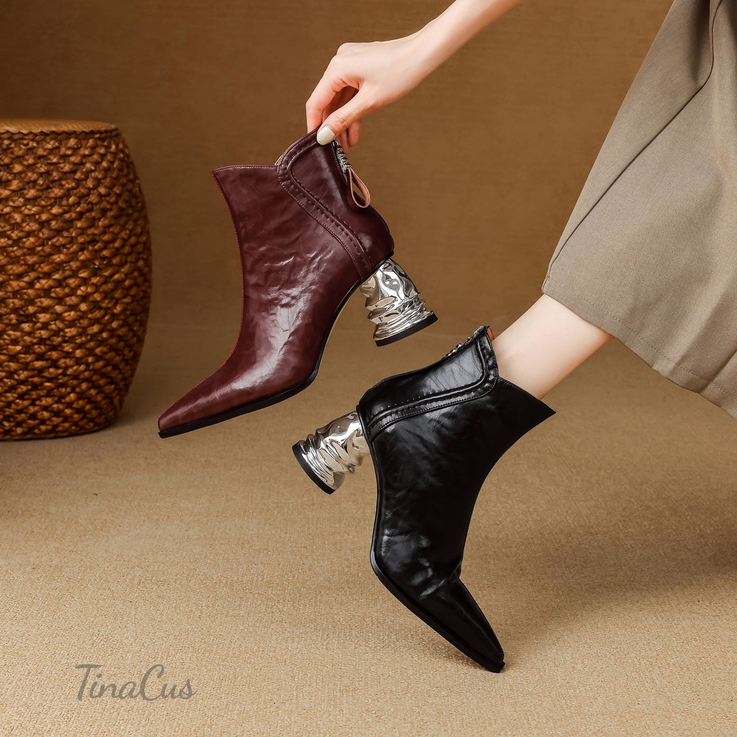 TinaCus Women's Pointed Toe Genuine Leather Handmade Chunky Heels Back Zip up Ankle Boots