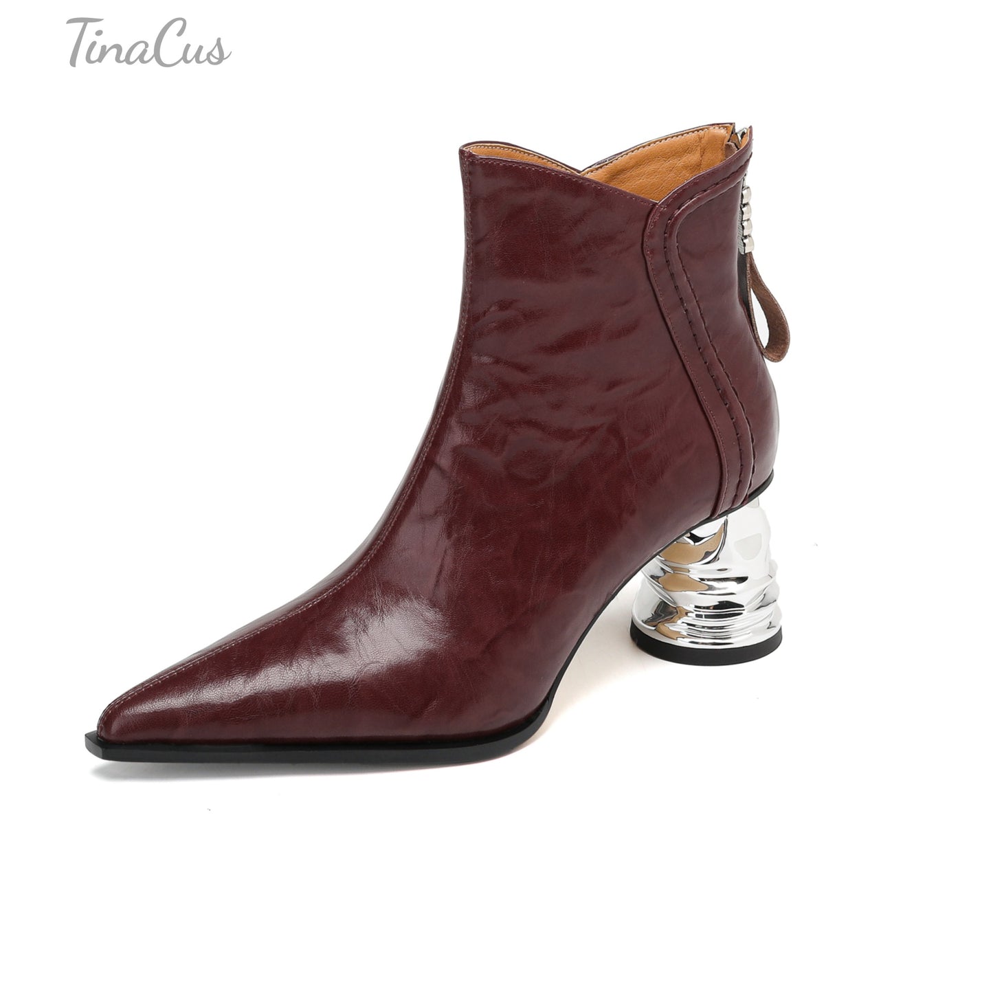 TinaCus Women's Pointed Toe Genuine Leather Handmade Chunky Heels Back Zip up Ankle Boots