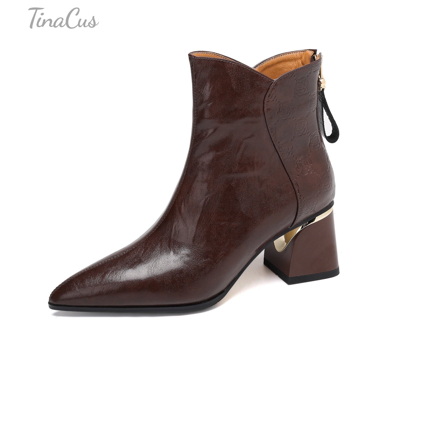 TinaCus Genuine Leather Handmade Chunky Heels Women's Pointed Toe Trendy Ankle Boots with Back Zipper