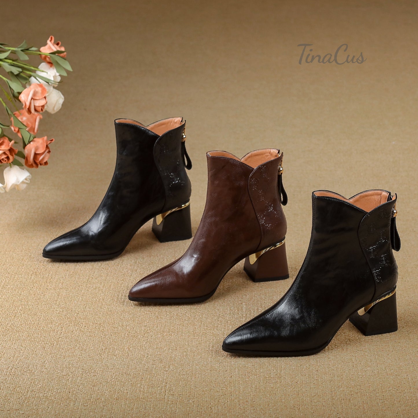 TinaCus Genuine Leather Handmade Chunky Heels Women's Pointed Toe Trendy Ankle Boots with Back Zipper