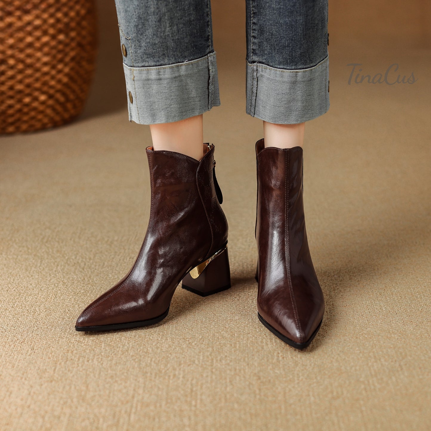 TinaCus Genuine Leather Handmade Chunky Heels Women's Pointed Toe Trendy Ankle Boots with Back Zipper