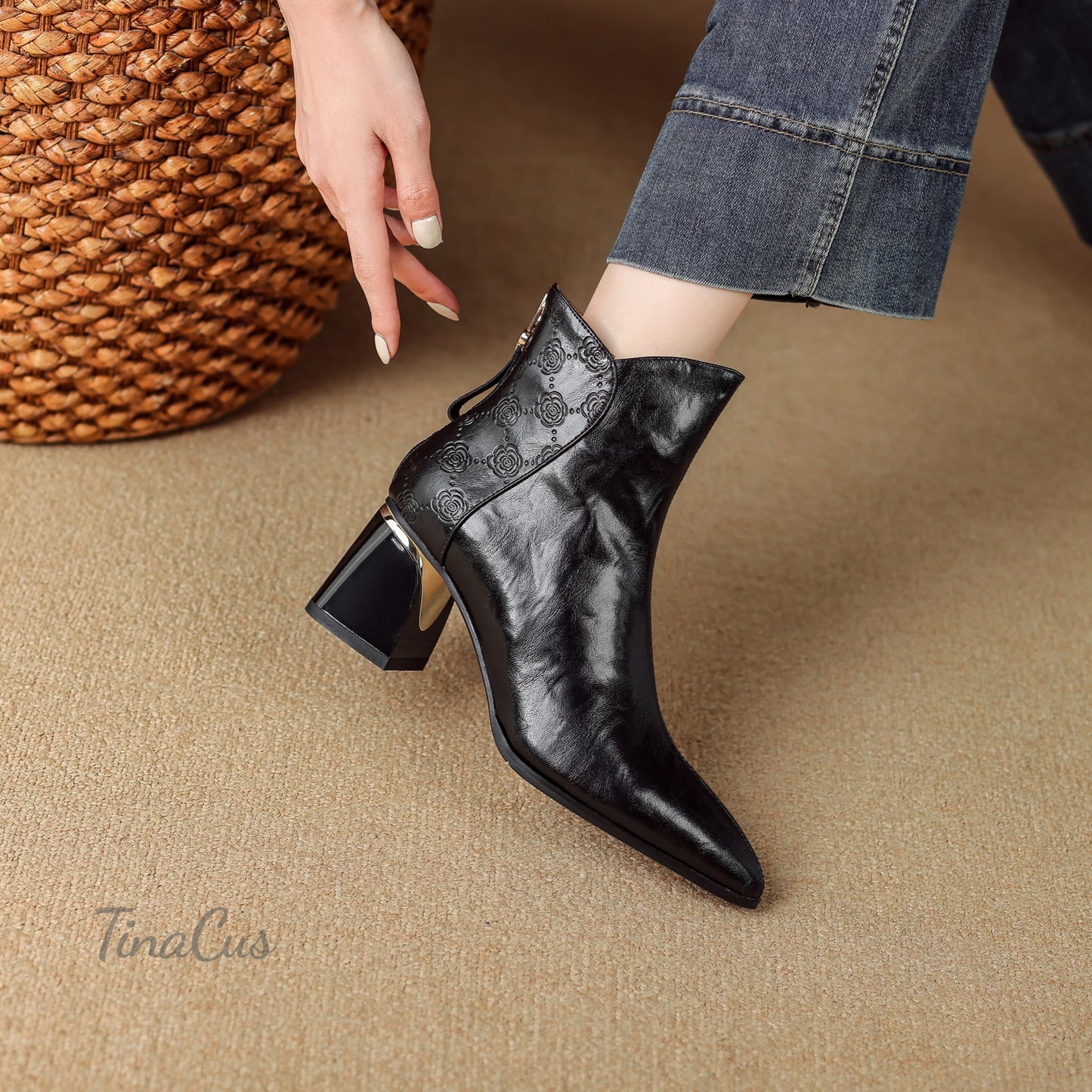 TinaCus Genuine Leather Handmade Chunky Heels Women's Pointed Toe Trendy Ankle Boots with Back Zipper