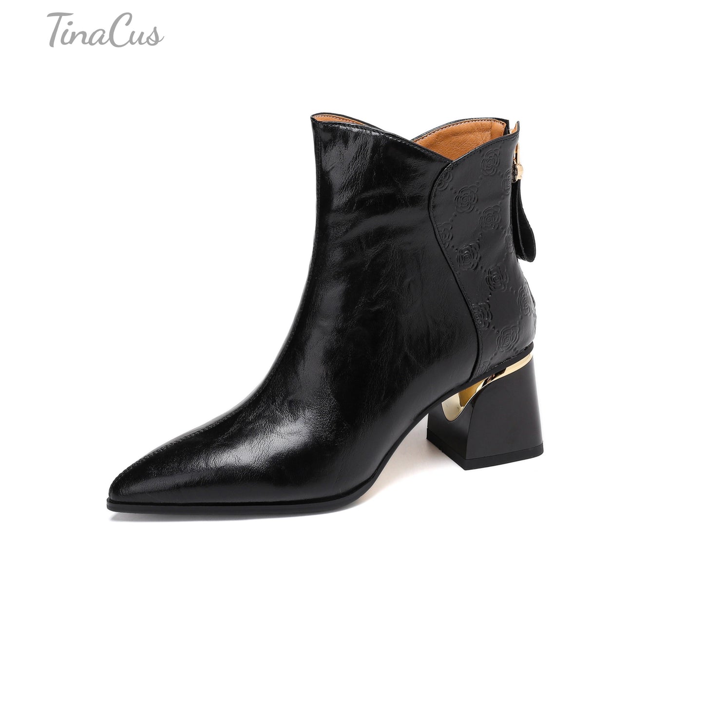 TinaCus Genuine Leather Handmade Chunky Heels Women's Pointed Toe Trendy Ankle Boots with Back Zipper