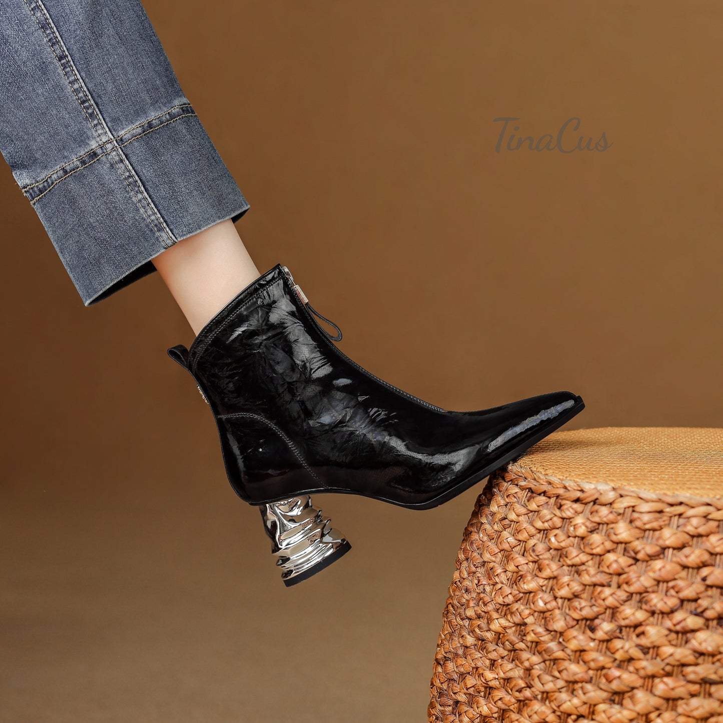 TinaCus Patent Leather Women's Pointed Toe Handmade Front Zipper Mid Chunky Heels Chic Ankle Boots