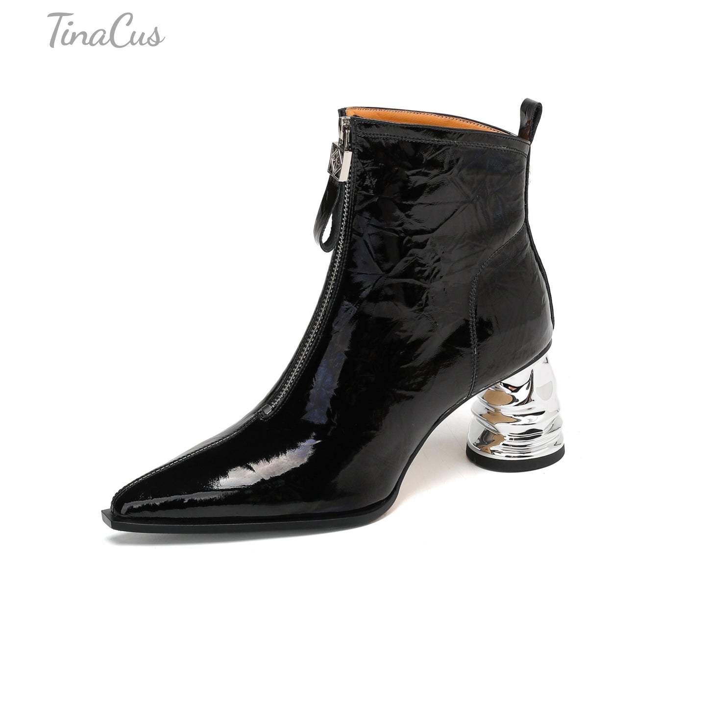 TinaCus Patent Leather Women's Pointed Toe Handmade Front Zipper Mid Chunky Heels Chic Ankle Boots