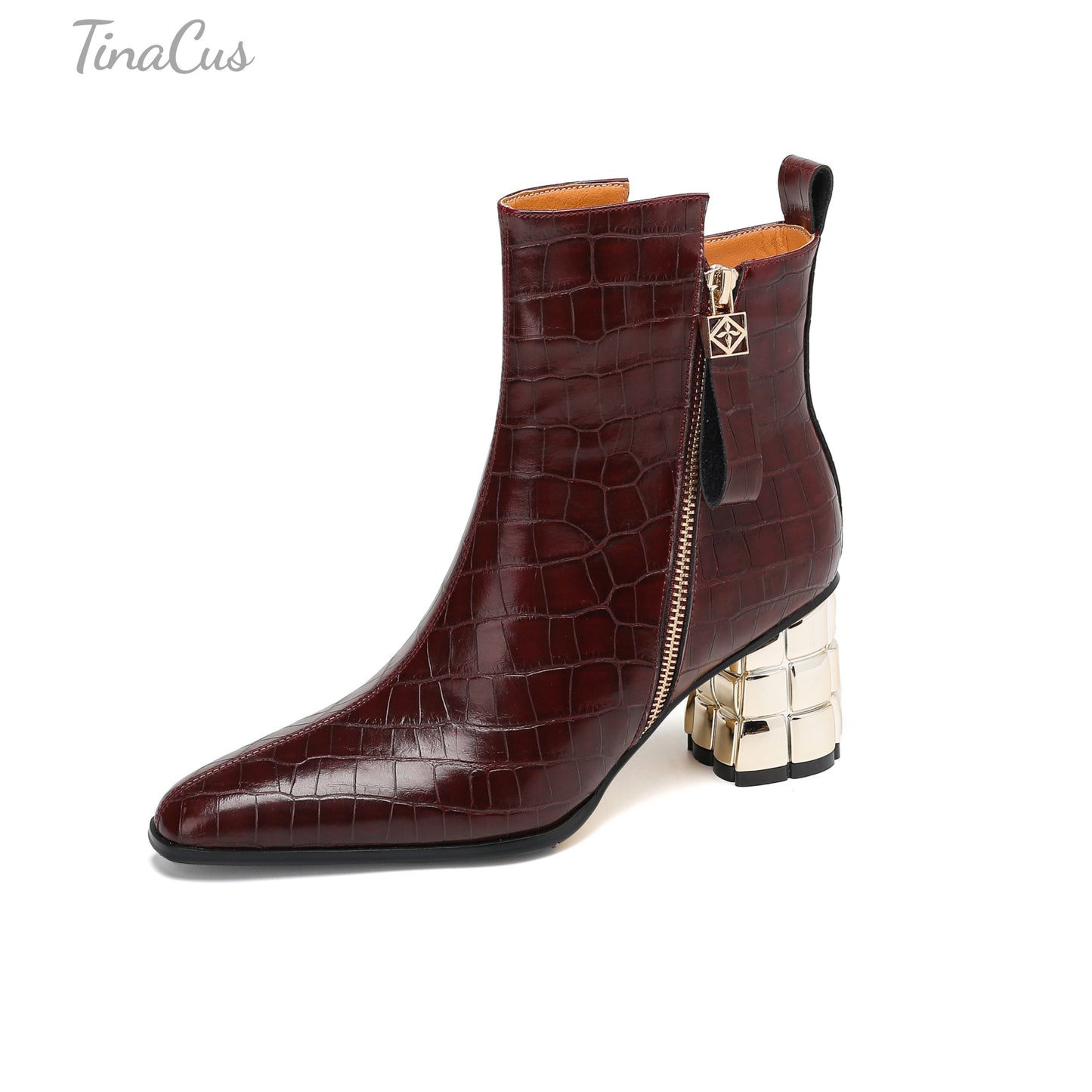 TinaCus Women's Pointed Toe Checkered Pattern Genuine Leather Handmade Zippers Mid Chunky Heels Ankle Boots