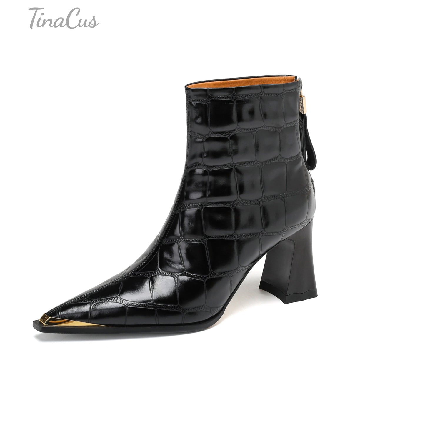 TinaCus Embossed Genuine Leather Women's Pointed Toe Handmade Back Zipper High Chunky Heels Chic Ankle Boots