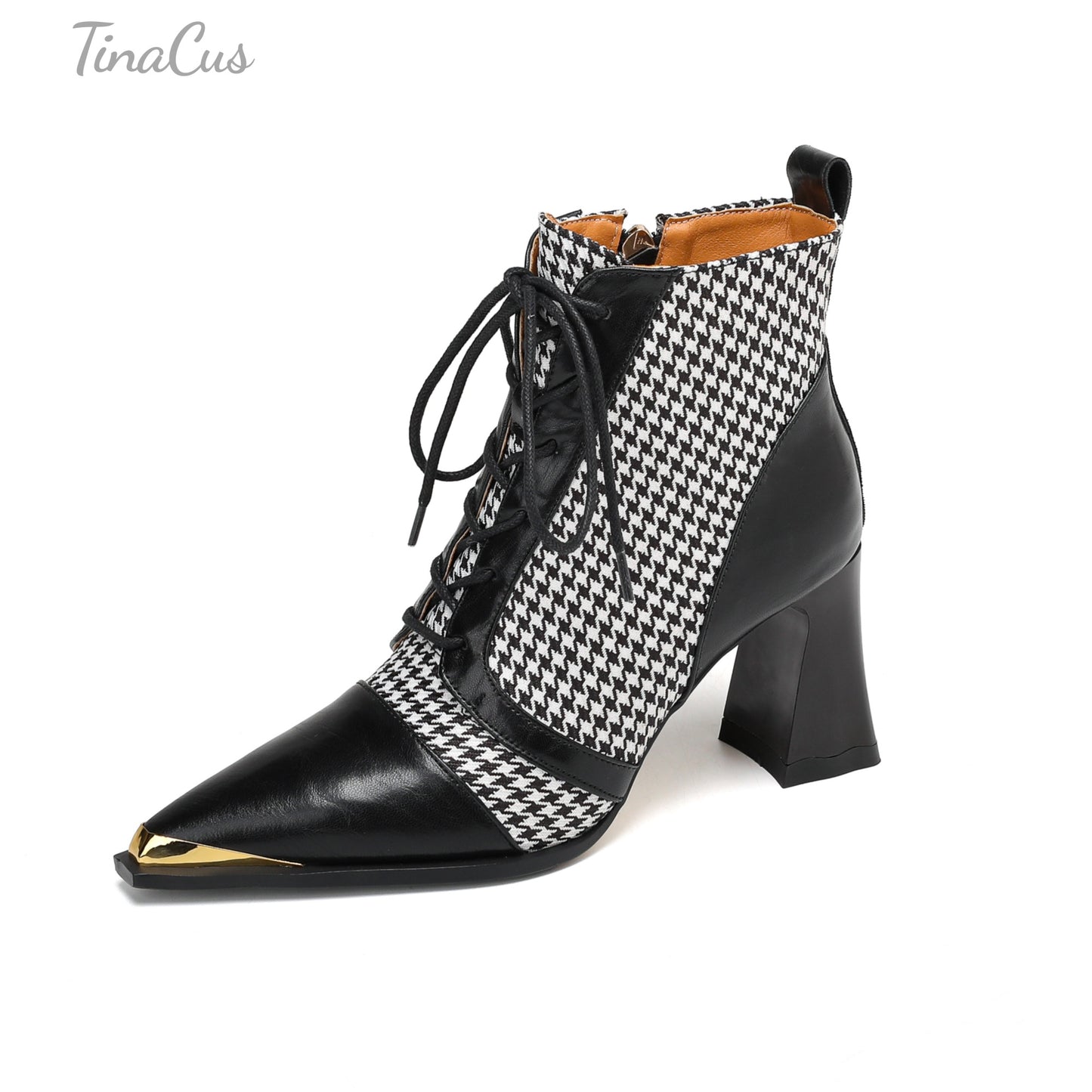 TinaCus Women's Pointed Toe Handmade Selftie Genuine Leather with Houndstooth High Heels Zip up Ankle Boots
