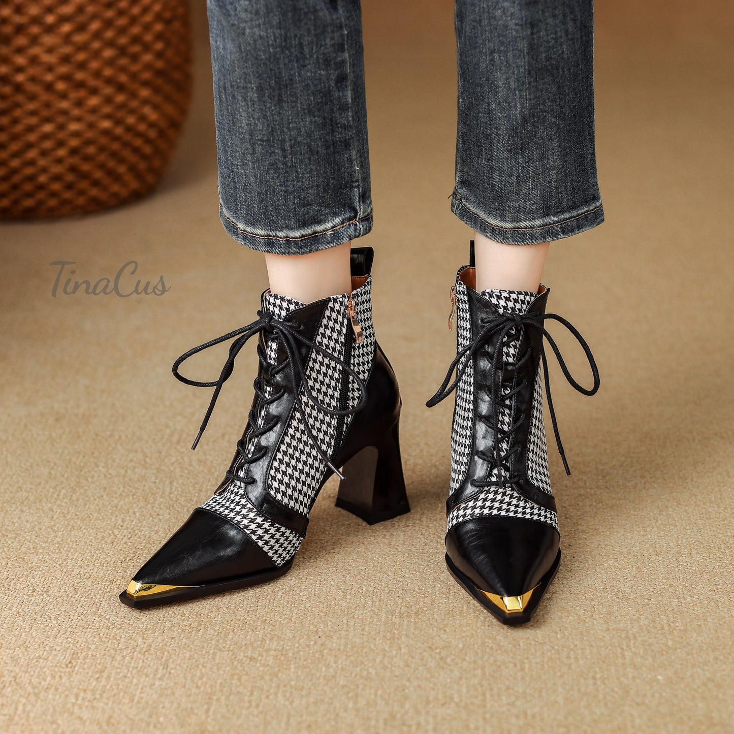TinaCus Women's Pointed Toe Handmade Selftie Genuine Leather with Houndstooth High Heels Zip up Ankle Boots