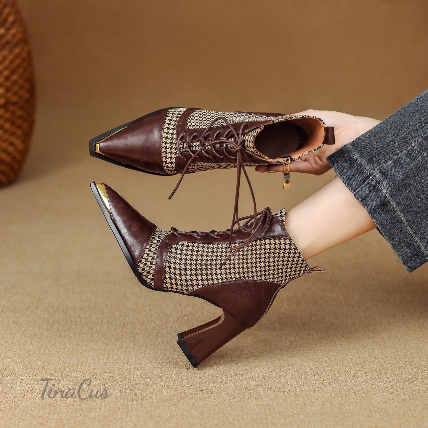 TinaCus Women's Pointed Toe Handmade Selftie Genuine Leather with Houndstooth High Heels Zip up Ankle Boots