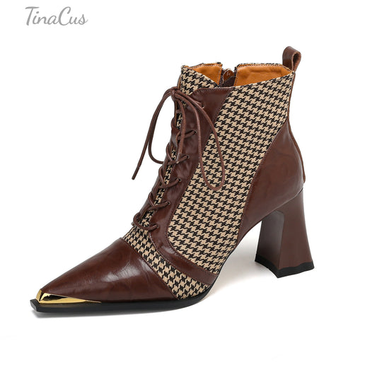 TinaCus Women's Pointed Toe Handmade Selftie Genuine Leather with Houndstooth High Heels Zip up Ankle Boots